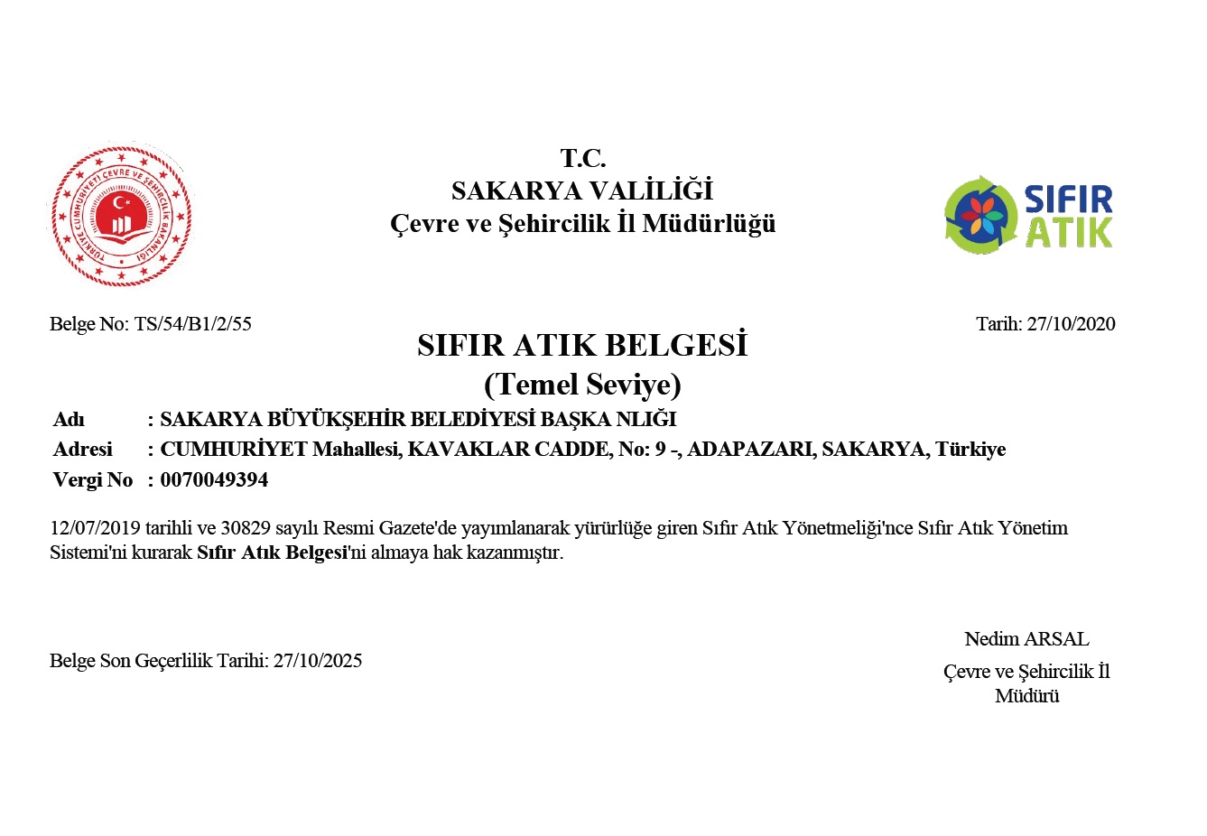 Büyükşehir’e ‘Sıfır Atık Belgesi