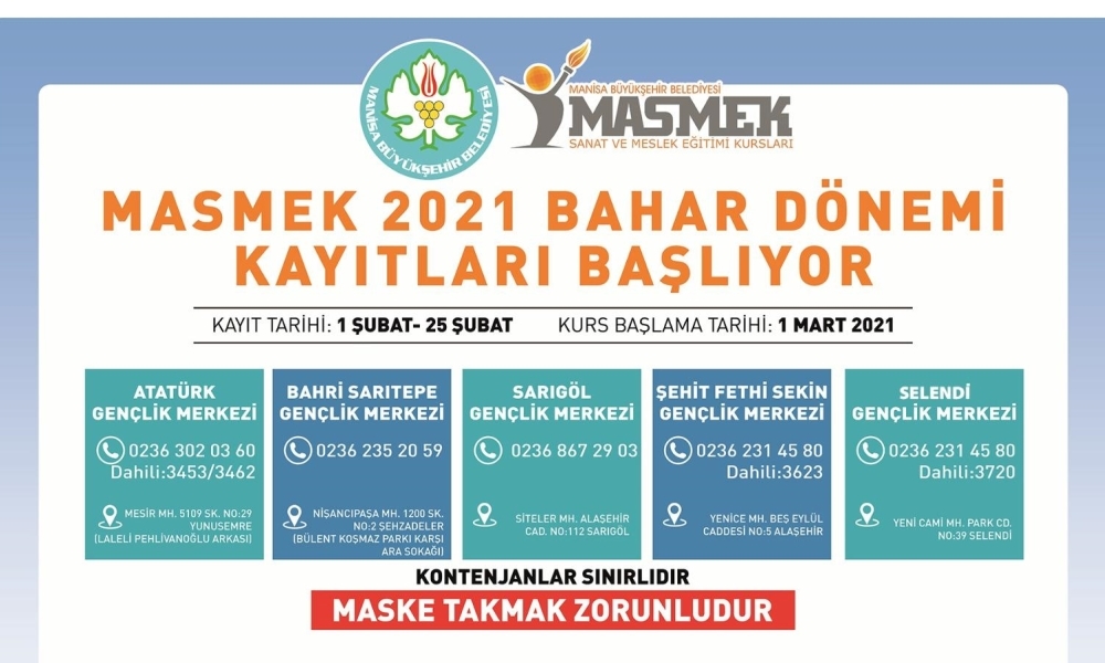 MASMEK’LERDE 2021 BAHAR DÖNEMİ KURS KAYITLARI BAŞLIYOR